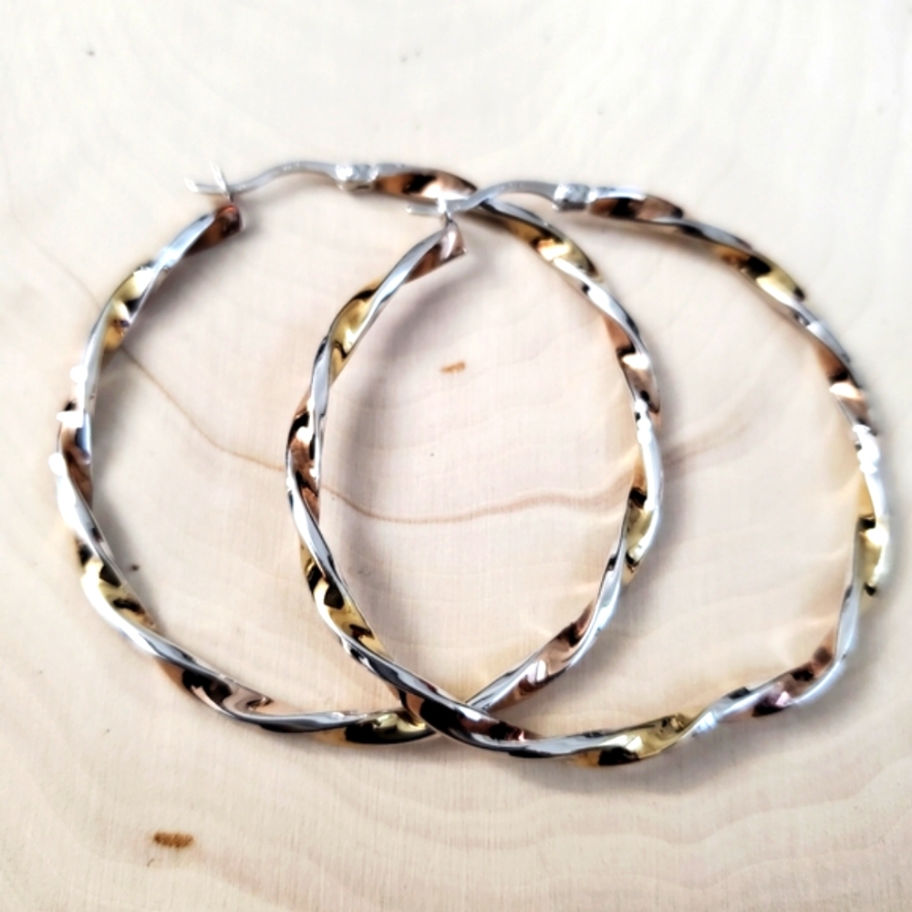 Sterling Silver 925 Two Tone Twisted Hoop Earrings - Picture 2 of 9